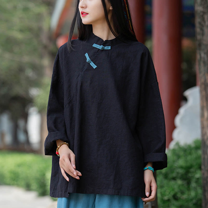 Nimara Ritual Ramie Linen Loose Blouse Women Long Sleeve Shirt Chinese Hanfu Top