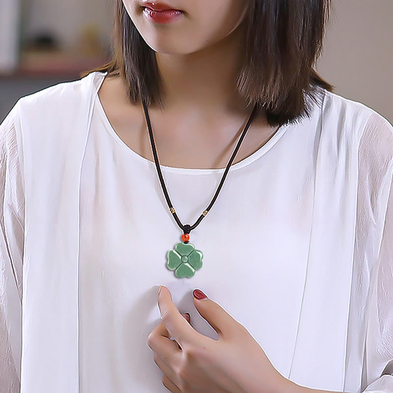 Nimara Ritual Natural Lucky Four Leaf Clover Jade Prosperity Necklace Pendant