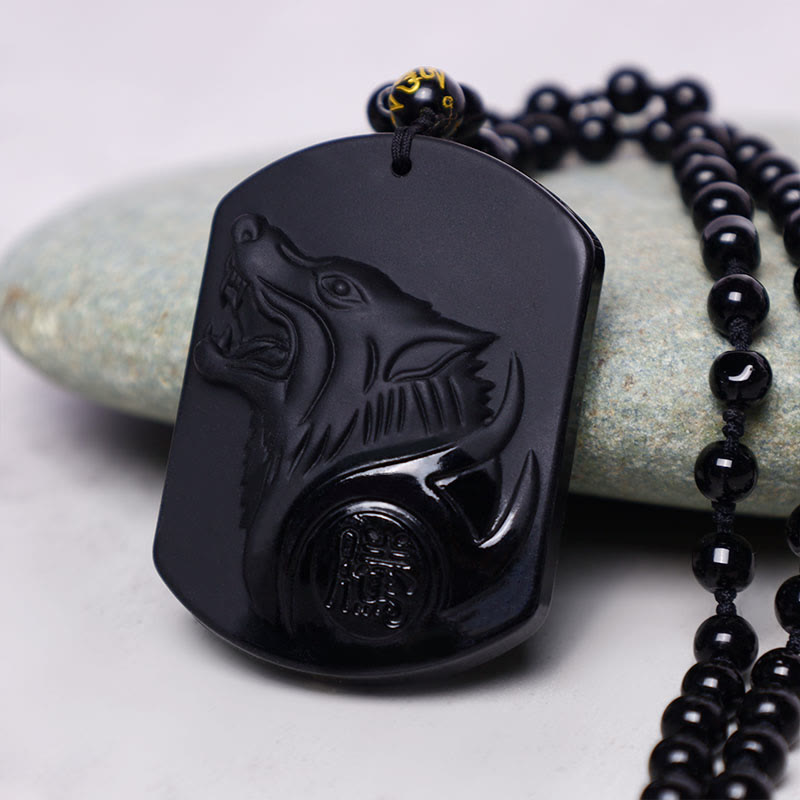 Nimara Ritual Black Obsidian Stone Wolf Purification Pendant Necklace