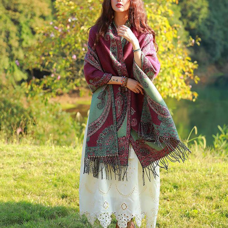 Nimara Ritual Tibetan Vine Leaves Pattern Design Shawl Cozy Travel Scarf Wrap