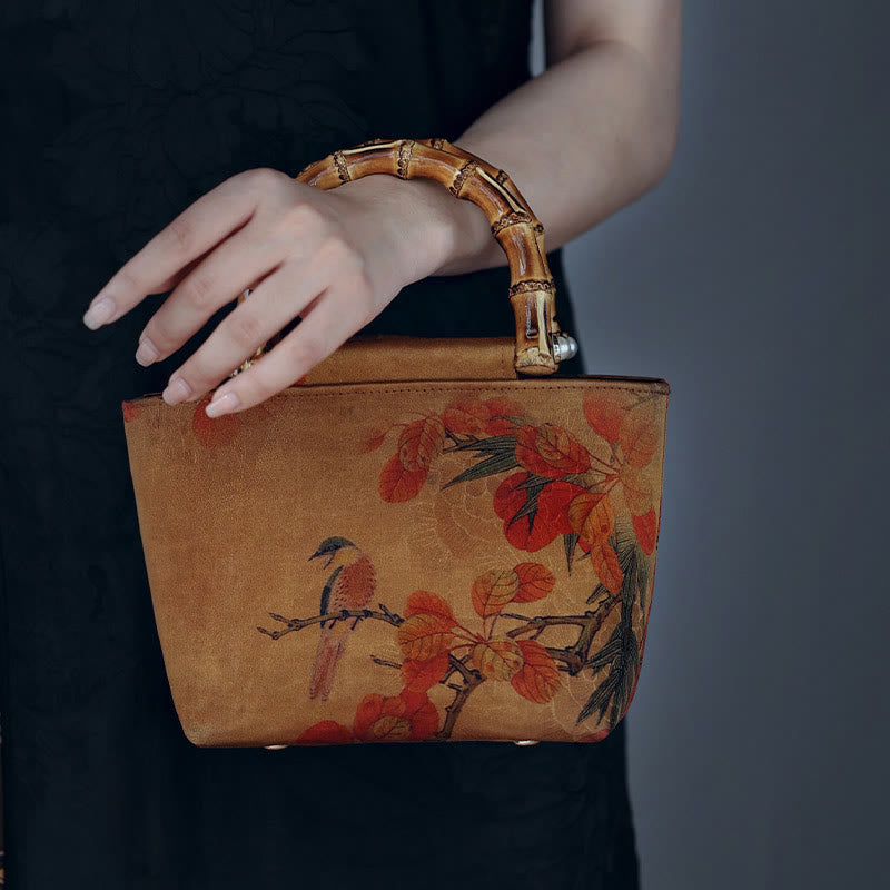Nimara Ritual Yellow Bird Branches Green Peony Flower Bamboo Handles Handbag