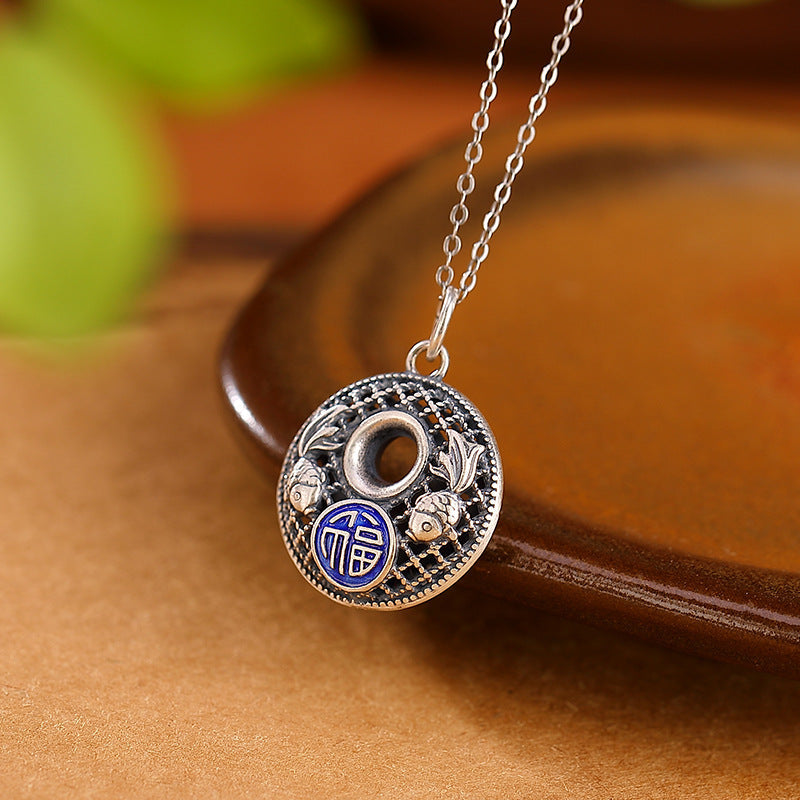 Nimara Ritual 999 Sterling Silver Koi Fish Fu Character Lotus Peace Buckle Wealth Necklace Pendant
