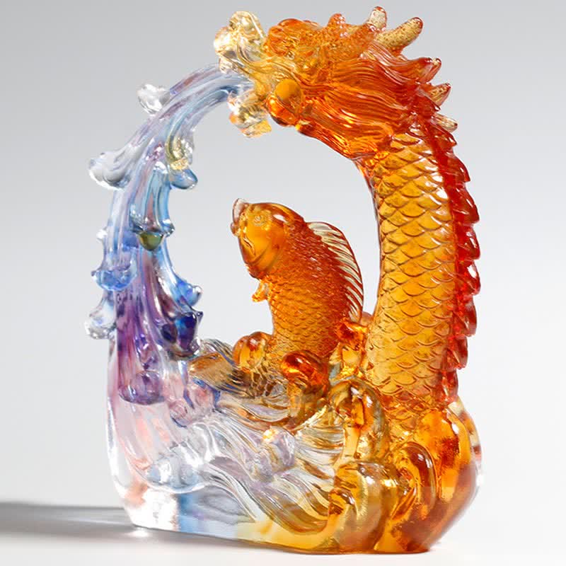 Nimara Ritual Feng Shui Dragon Koi Fish Handmade Liuli Crystal Art Piece Home Office Decoration