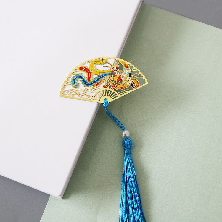 Nimara Ritual Traditional Butterfly Lotus Flower Crane Dragon Phoenix Fox Koi Fish New Beginning Metal Brass Hollow Fan Bookmarks