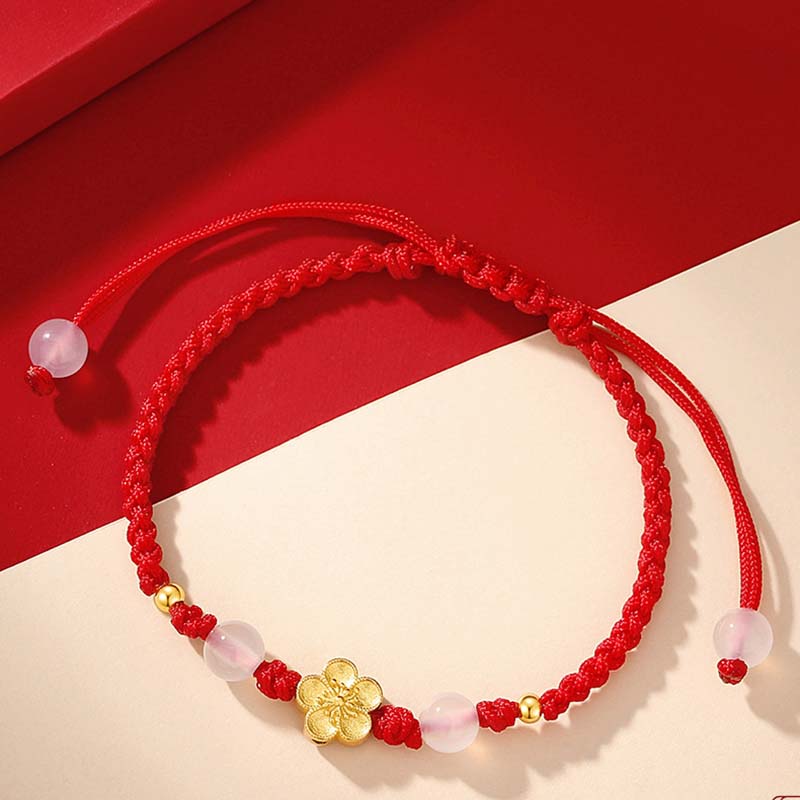 Nimara Ritual Handmade 925 Sterling Silver Peach Blossom Cherry Sakura Chalcedony Bead Luck Red Rope Bracelet