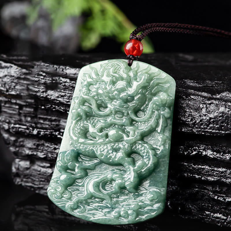Nimara Ritual Natural Jade Chinese Zodiac Dragon Sea Luck String Necklace Pendant