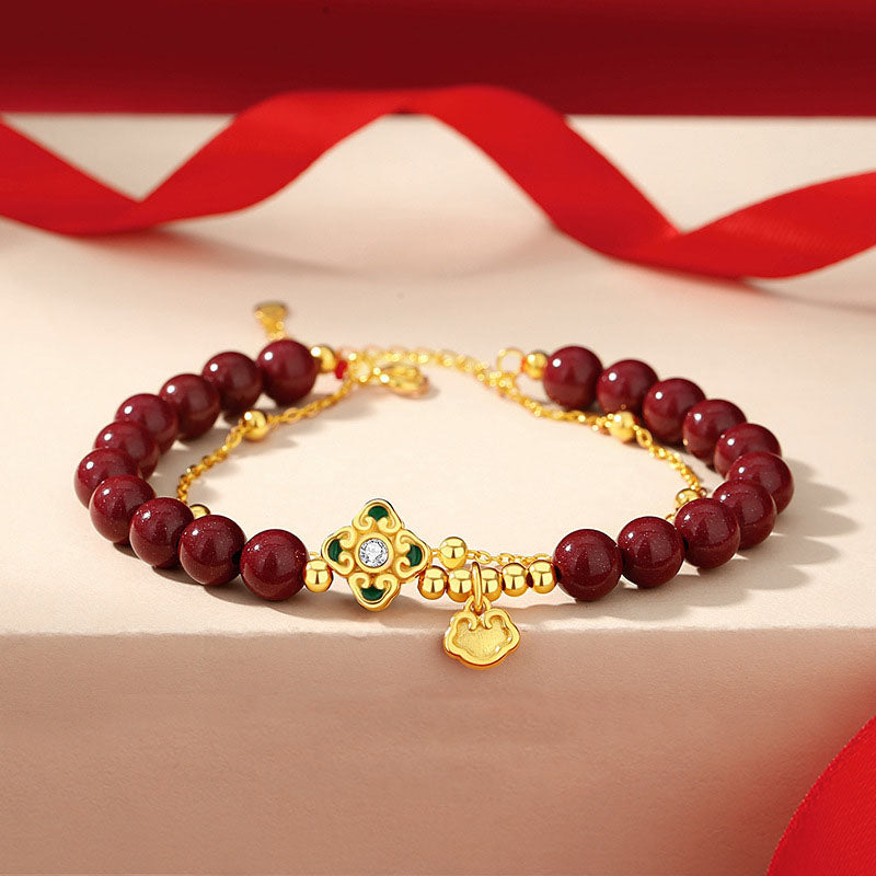 Nimara Ritual 925 Sterling Silver Natural Cinnabar Four Leaf Clover Flower Blessing Chain Bracelet
