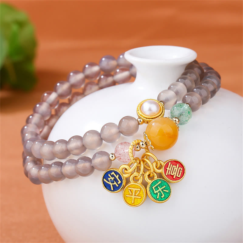 Nimara Ritual Natural Gray Agate Peace And Joy Charm Balance Double Wrap Bracelet