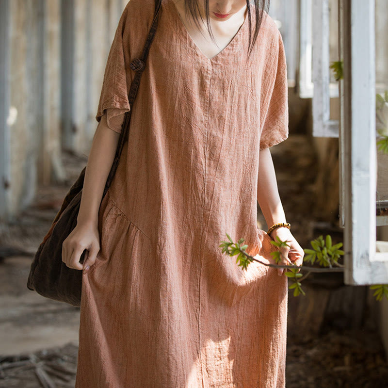 Nimara Ritual Handmade Tie Dye V-Neck Midi Dress Linen Short Sleeve Dress