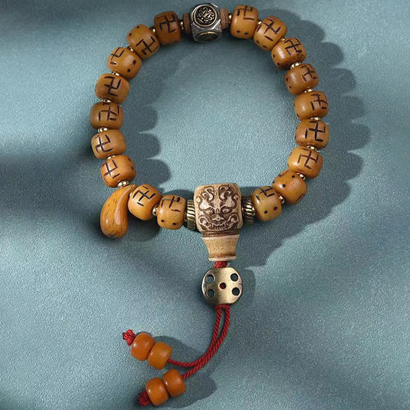 Nimara Ritual Natural Tibetan Camel Bone Swastika Dzi Bead Shankha Buddha Charm Kirtimukha Luck Protection Tassel Bracelet