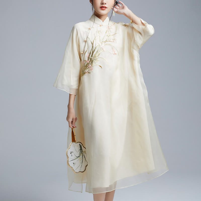 Nimara Ritual 100% Mulberry Silk 6 Momme Dress Vintage Flower Butterfly Embroidery Qipao Dress Women's Cheongsam Dress