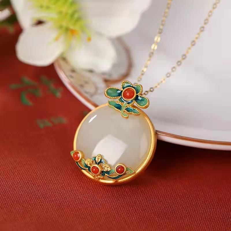 Nimara Ritual White Jade Red Agate Flower Blessing Luck Necklace Pendant