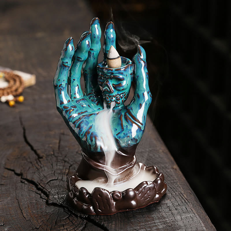 Nimara Ritual Halloween Ghost Hand Skull Head Ceramic Peace Healing Incense Burner Decoration