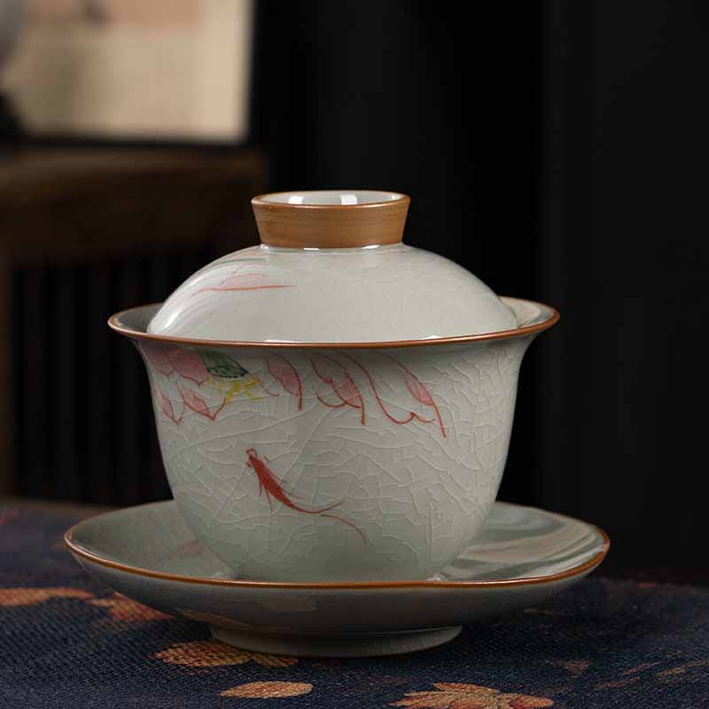 Nimara Ritual Lotus Koi Fish Pod Leaf Ceramic Gaiwan Sancai Teacup Kung Fu Tea Cup And Saucer With Lid 140ml
