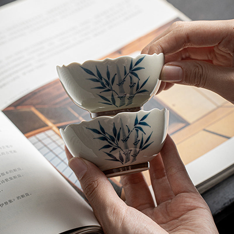 Nimara Ritual Small Blue Bamboo Leaves Ceramic Teacup Kung Fu Tea Cup Bowl