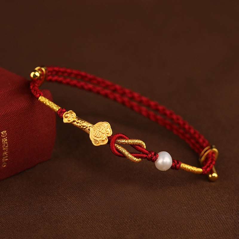 Nimara Ritual 24K Gold Wish Ruyi Handle Fu Character Rabbit Pearl Luck Braided Bracelet
