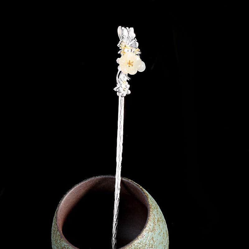Nimara Ritual 925 Sterling Silver Hetian White Jade Flower Blessing Hairpin