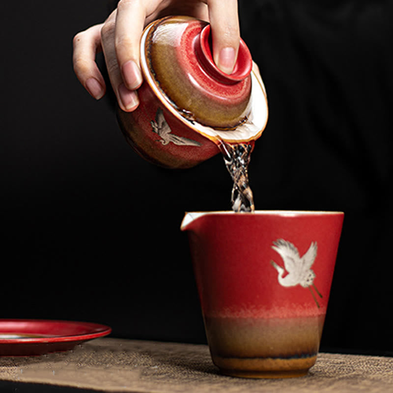 Nimara Ritual Red Auspicious Crane Ceramic Gaiwan Sancai Teacup Kung Fu Tea Cup And Saucer With Lid