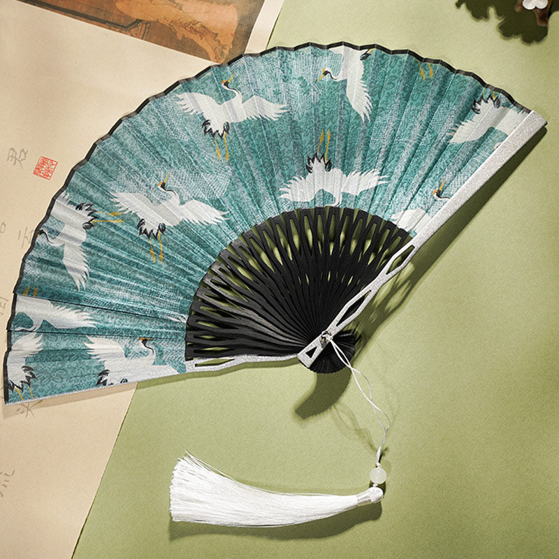 Nimara Ritual Vintage Blue White Crane Pattern Handheld Silk Bamboo Folding Fan