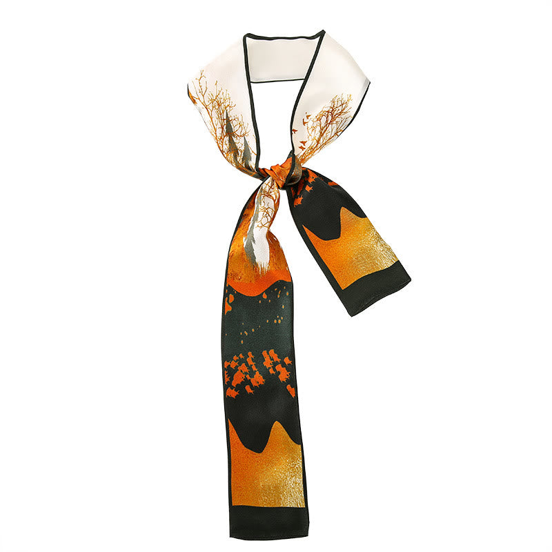 Nimara Ritual Dunhuang Frescoes Mountains Sunset Floral Pattern 100% Mulberry Twilly Silk Neck Hair Scarf