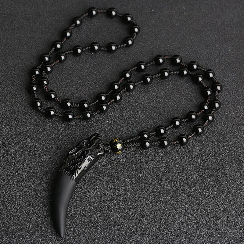 Nimara Ritual Natural Ice Obsidian Wolf Tooth Pattern Courage Necklace Pendant