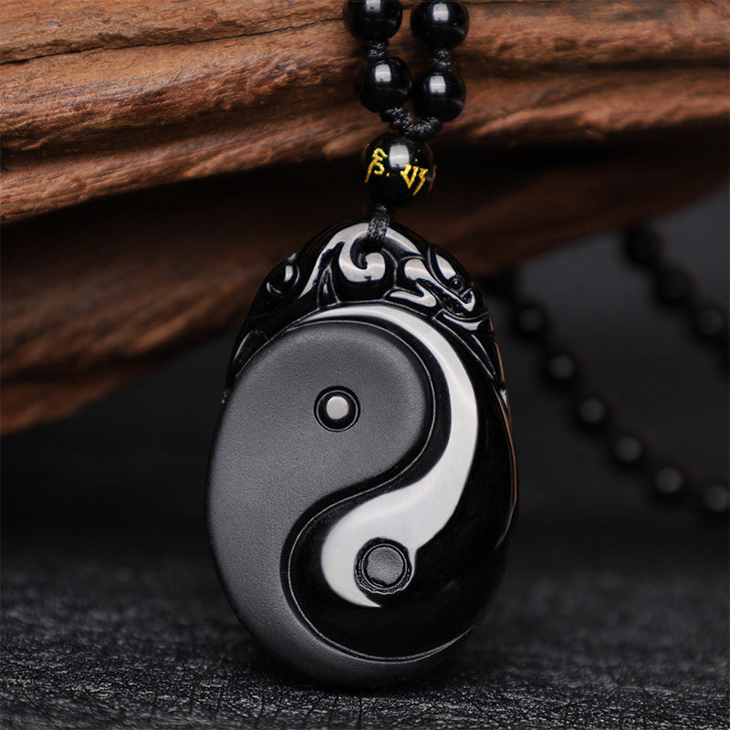 Nimara Ritual Natural Black Obsidian Yin Yang Fulfilment Strength Necklace Pendant