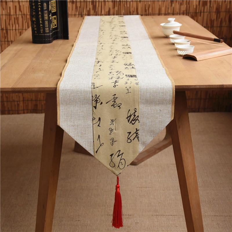 Nimara Ritual Classic Chinese Style Lotus Koi Fish Flower Crane Calligraphy Enlightenment Cotton Linen Tassels Table Runner
