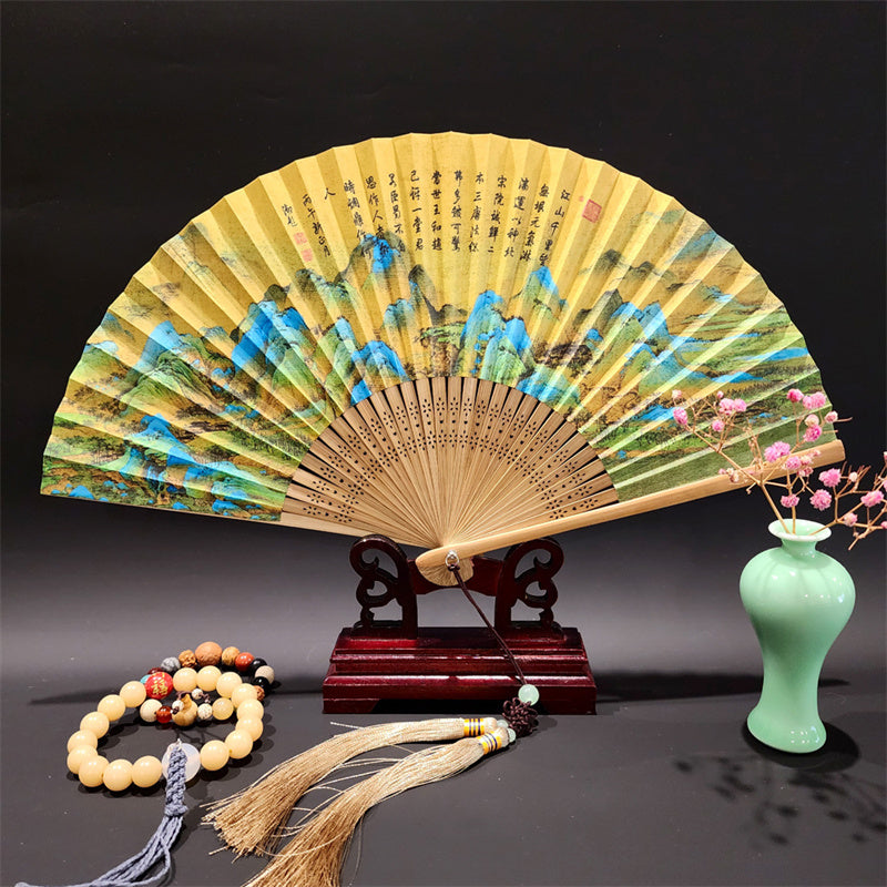Nimara Ritual A Panorama Of Rivers And Mountains Cranes Orchid Flower Paper Bamboo Handheld Silk Bamboo Folding Fan 22cm