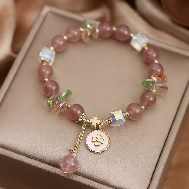 Nimara Ritual Strawberry Quartz Lucky Four Leaf Clover Healing Charm Bracelet