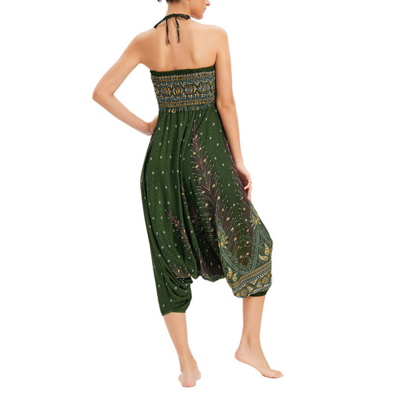 Nimara Ritual Two Style Wear Peacock Feather Loose Smocked Harem Trousers Jumpsuit High Waist Pants