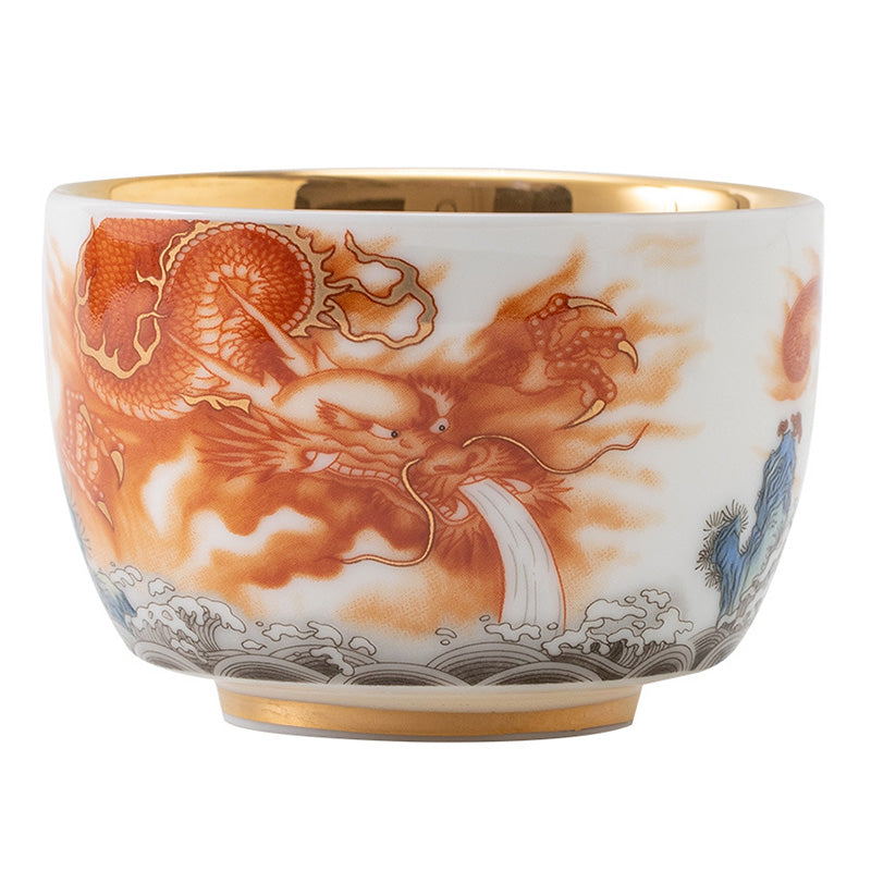 Nimara Ritual Dragon Phoenix Crane Sun Ocean Waves Gilt Ceramic Teacup Kung Fu Tea Cup 170ml