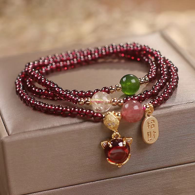 Nimara Ritual Natural Garnet Strawberry Quartz Crystal Fox Koi Fish Peace Buckle Fortune Protection Triple Wrap Bracelet