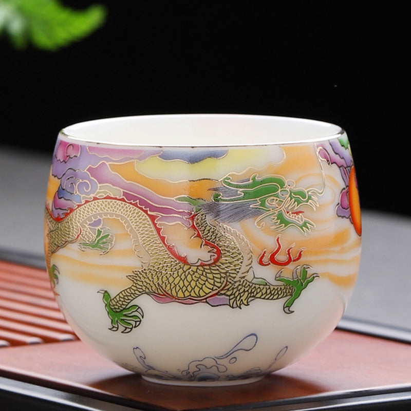 Nimara Ritual Dragon Phoenix Auspicious Clouds Sun Ocean Waves Ceramic Teacup Kung Fu Tea Cup