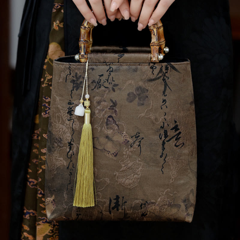 Nimara Ritual Bamboo Leaves Butterfly Koi Fish Bamboo Handles Handbag
