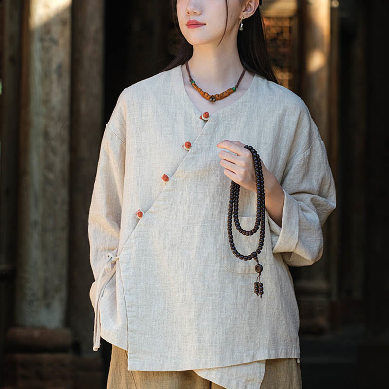 Nimara Ritual Solid Color Ramie Linen Loose Blouse Long Sleeve Shirt Chinese Hanfu Top