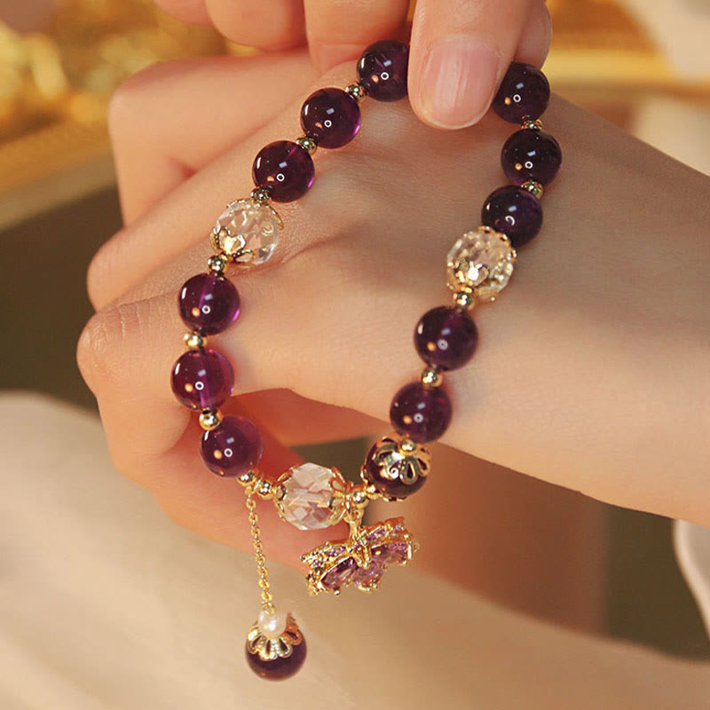 Nimara Ritual 14k Gold Plated Natural Amethyst Healing Maple Leaf Charm Bracelet