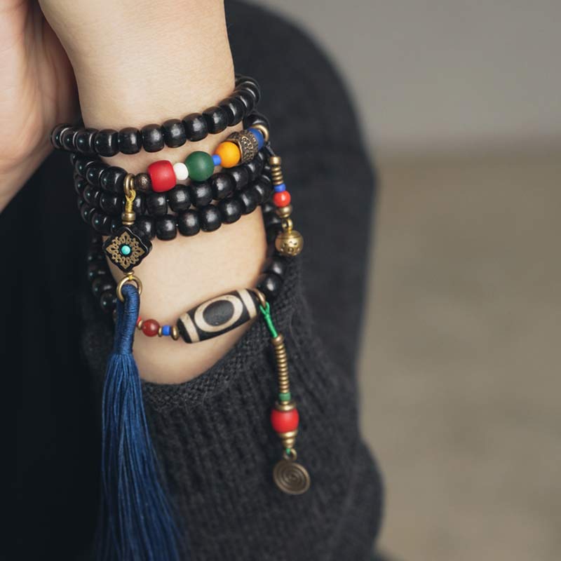 Nimara Ritual 108 Beads Mala Ebony Wood Dzi Bead Copper Balance Tassel Bracelet