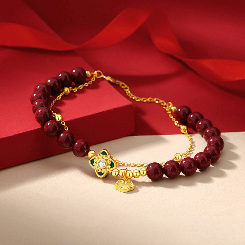 Nimara Ritual 925 Sterling Silver Natural Cinnabar Four Leaf Clover Flower Blessing Chain Bracelet