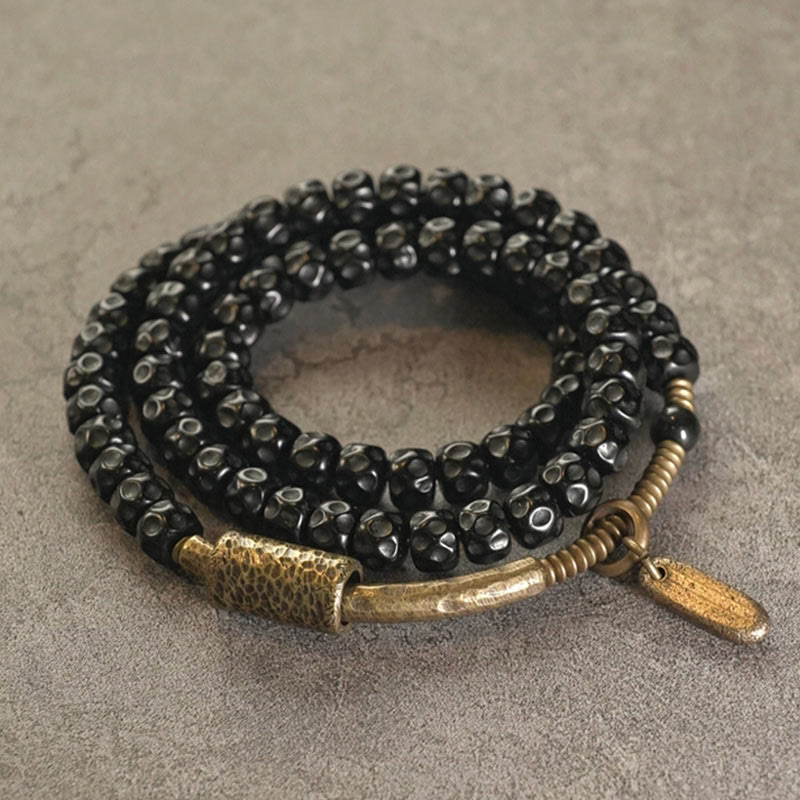 Nimara Ritual Retro Coconut Shell Brass Copper Happiness Triple Wrap Bracelet