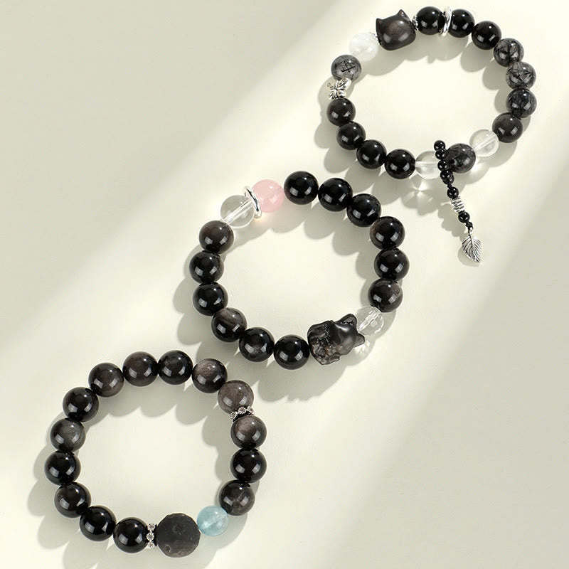 Nimara Ritual Natural Silver Sheen Obsidian Cat Head Fox Planet Protection Bracelet