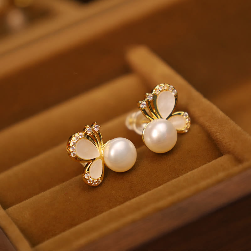 Nimara Ritual 925 Sterling Silver Posts 18K Gold Plated Copper Natural Pearl Butterfly Zircon Healing Stud Earrings
