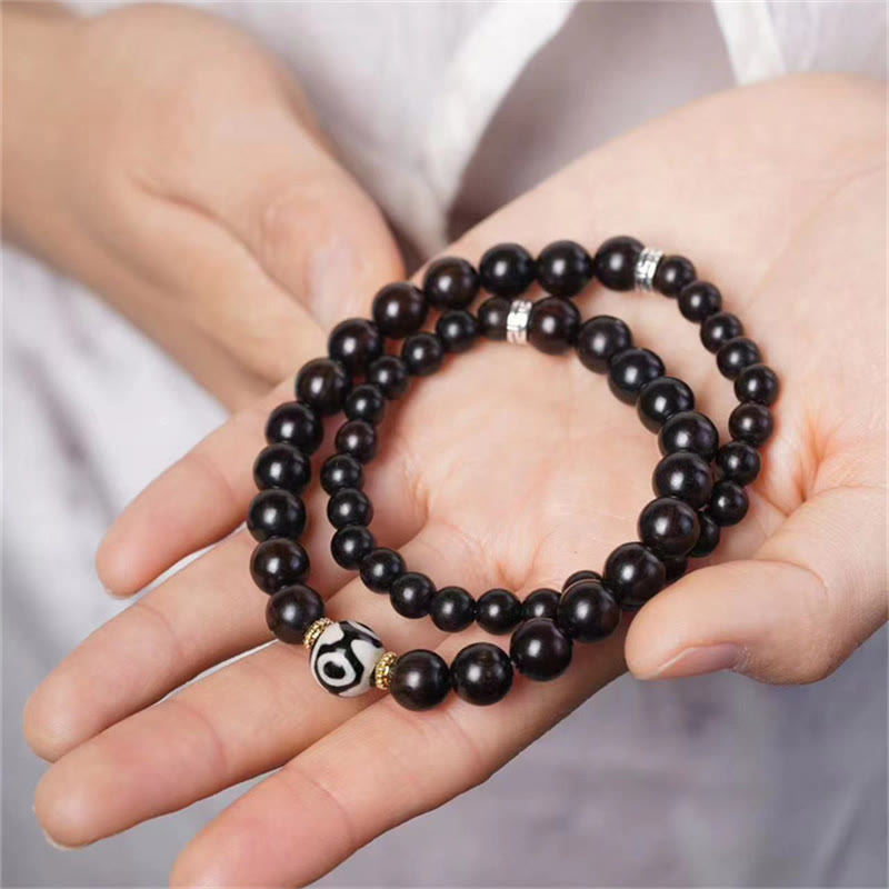 Nimara Ritual Tibet Ebony Wood Dzi Bead Balance Double Wrap Bracelet