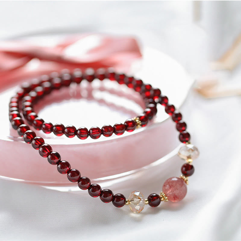 Nimara Ritual 14K Gold Plated Natural Garnet Strawberry Quartz Stability Double Wrap Bracelet