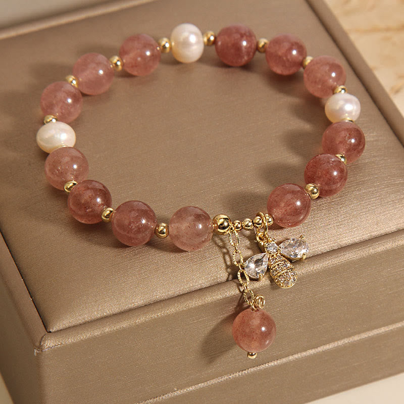 Nimara Ritual Strawberry Quartz Pearl Cute Zircon Honeybee Positive Charm Bracelet