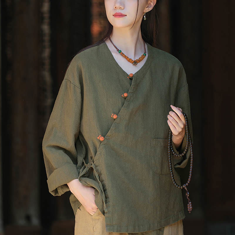 Nimara Ritual Solid Color Ramie Linen Loose Blouse Long Sleeve Shirt Chinese Hanfu Top