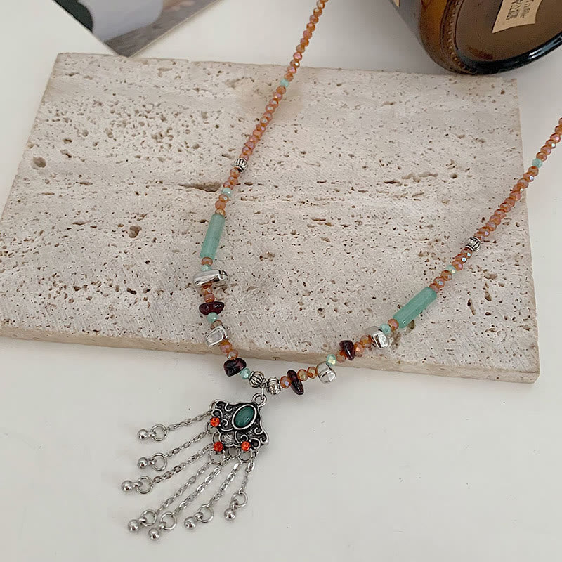 Nimara Ritual Tibetan Crystal Stone Copper Luck Tassel Necklace Pendant