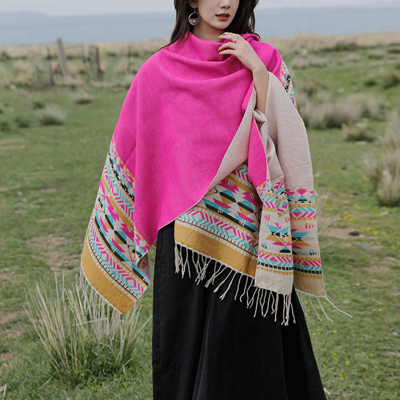 Nimara Ritual Tibetan Shawl Colorful Geometry Winter Cozy Travel Scarf Wrap