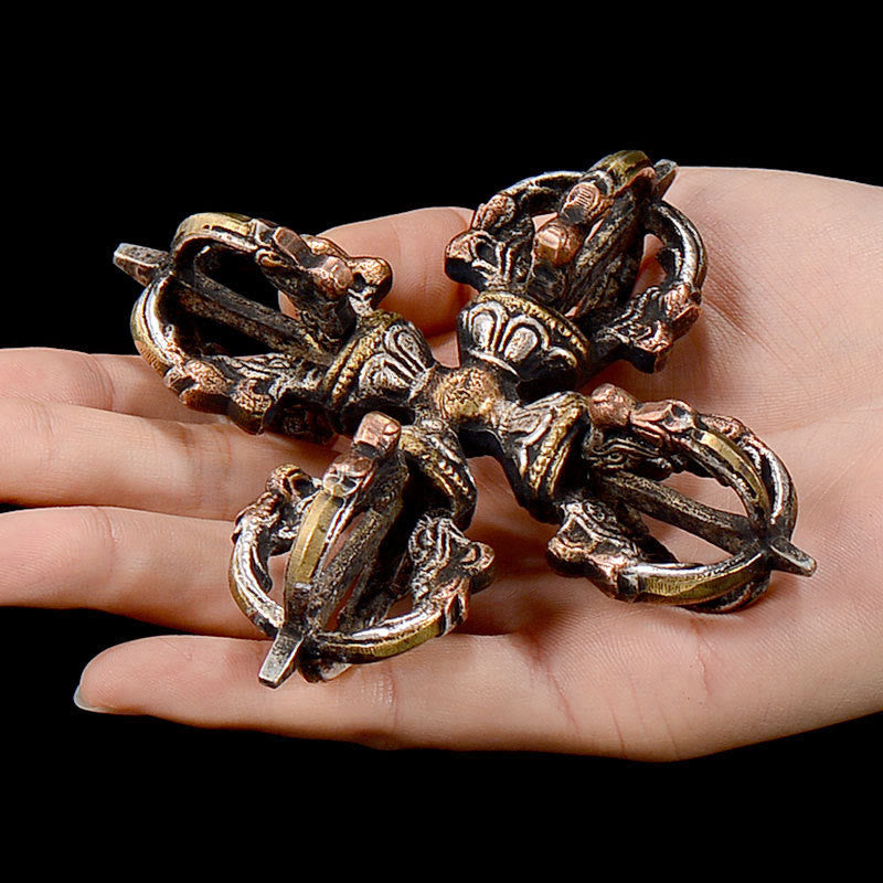 Nimara Ritual Tibetan Handmade 5 Prong Double Dorje Copper Iron Thunderbolt Strength Vajra