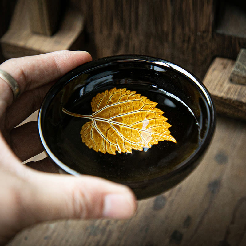 Nimara Ritual Gold Maple Leaf Chinese Jianzhan Ceramic Teacup Tenmoku Kung Fu Tea Cup Bowl