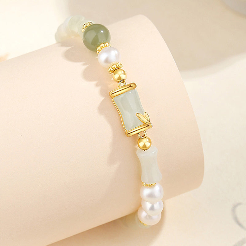 Nimara Ritual 925 Sterling Silver Natural Hetian White Jade Bamboo Luck Blessing Bracelet